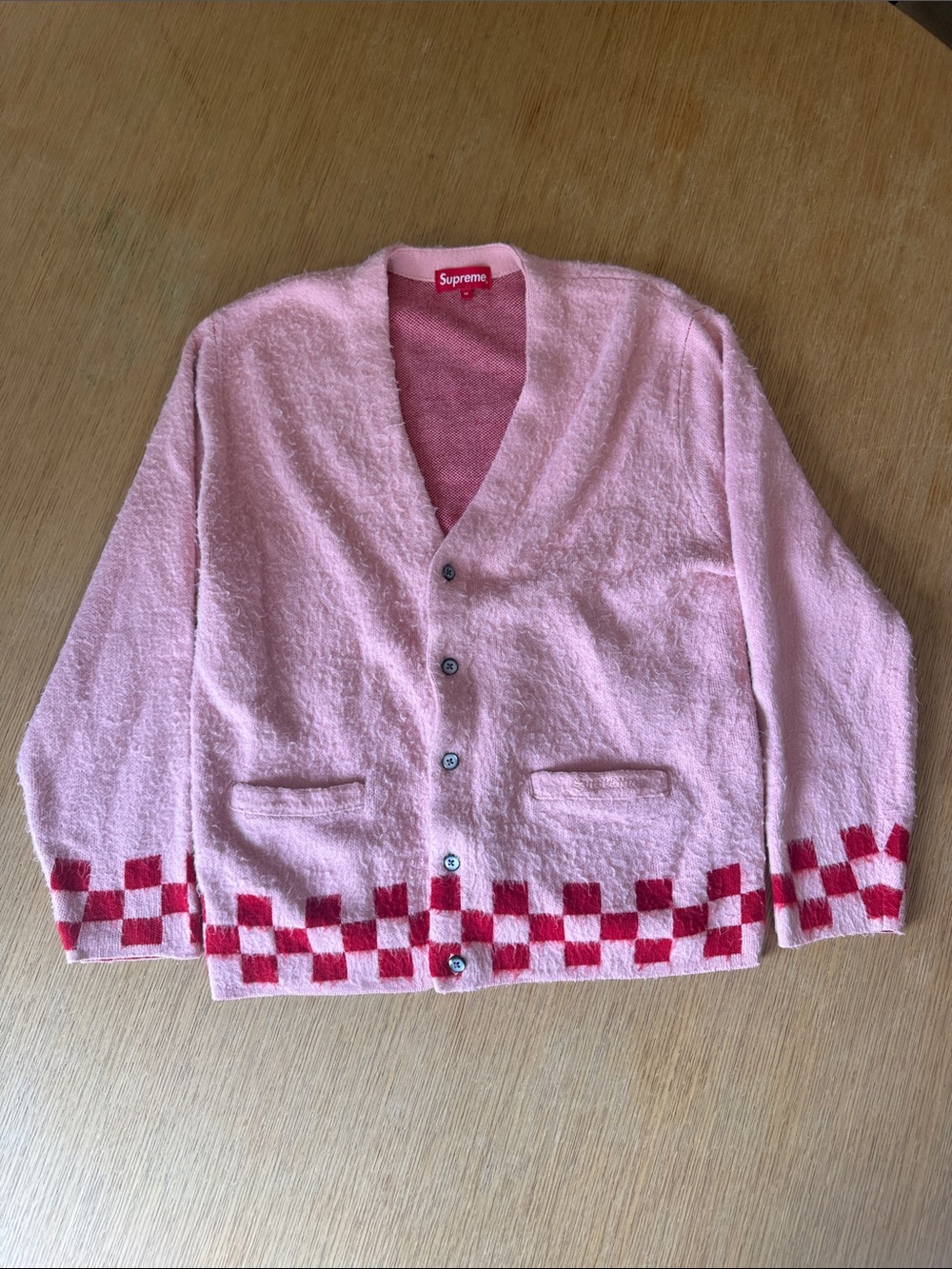Supreme Pink Fuzzy Checkerboard Cardigan Sweater Size M